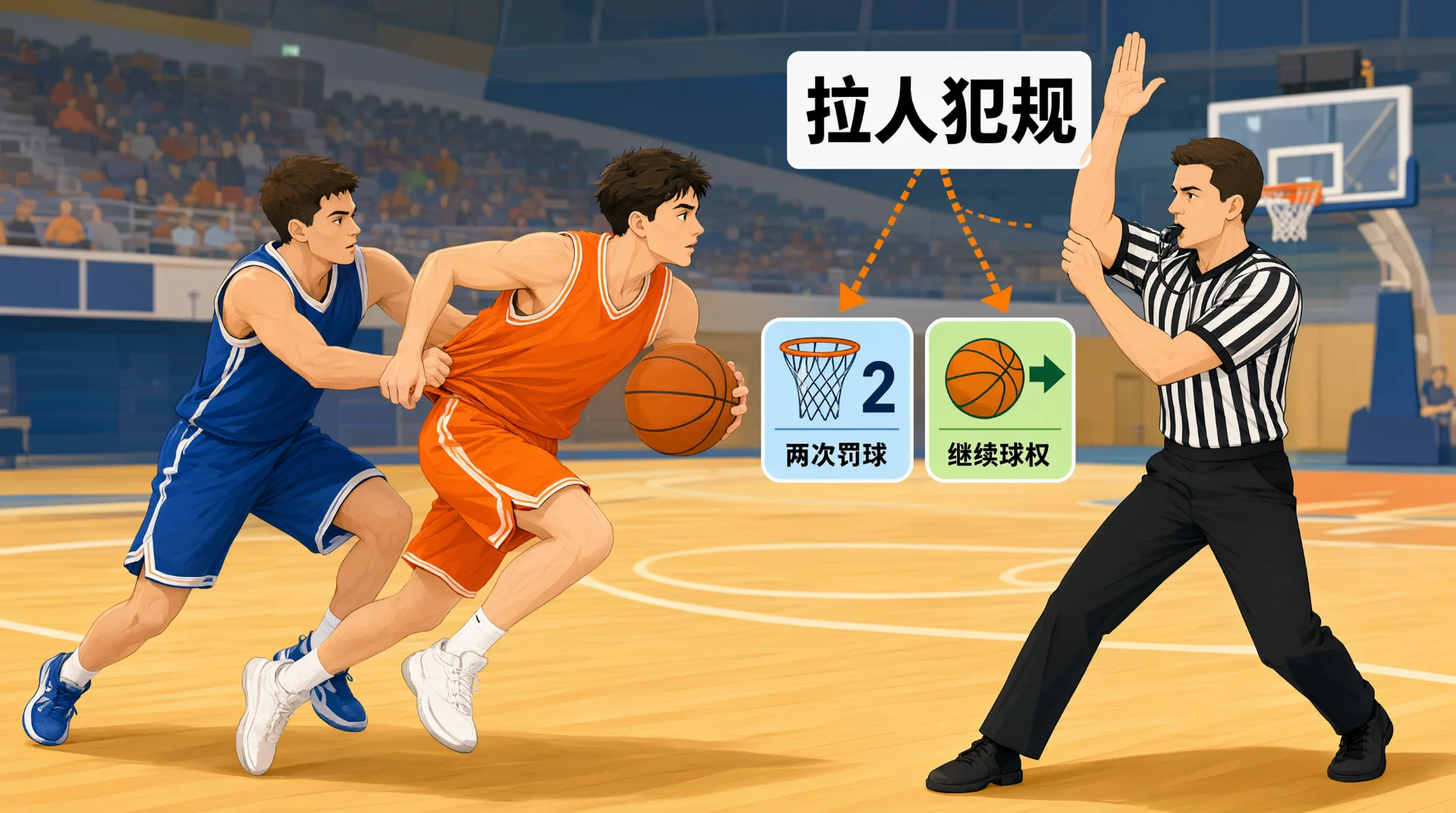 插画中橙衣球员持球推进，蓝衣防守者从身后拉拽其躯干，条纹衫裁判举手示意犯规。上方文字"拉人犯规"以箭头指向"两次罚球"和"继续球权"两个图标。